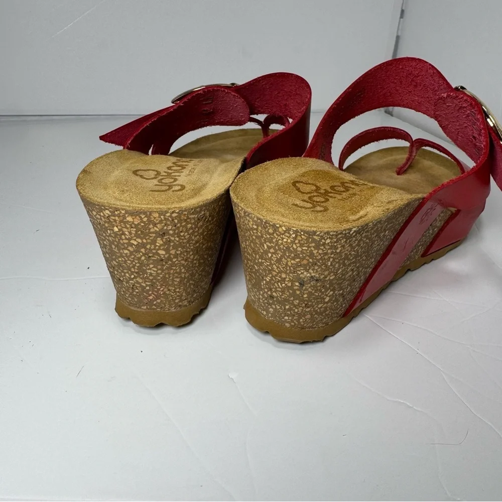Yokono Red Leather Wedge Sandals Size 38 7 Buckle Strap Cork Platform Spain